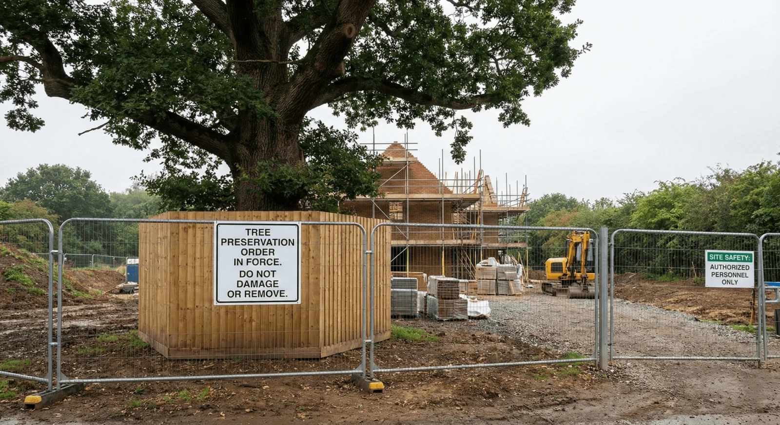 Protected tree fenced off on a building site in Colchester, Essex